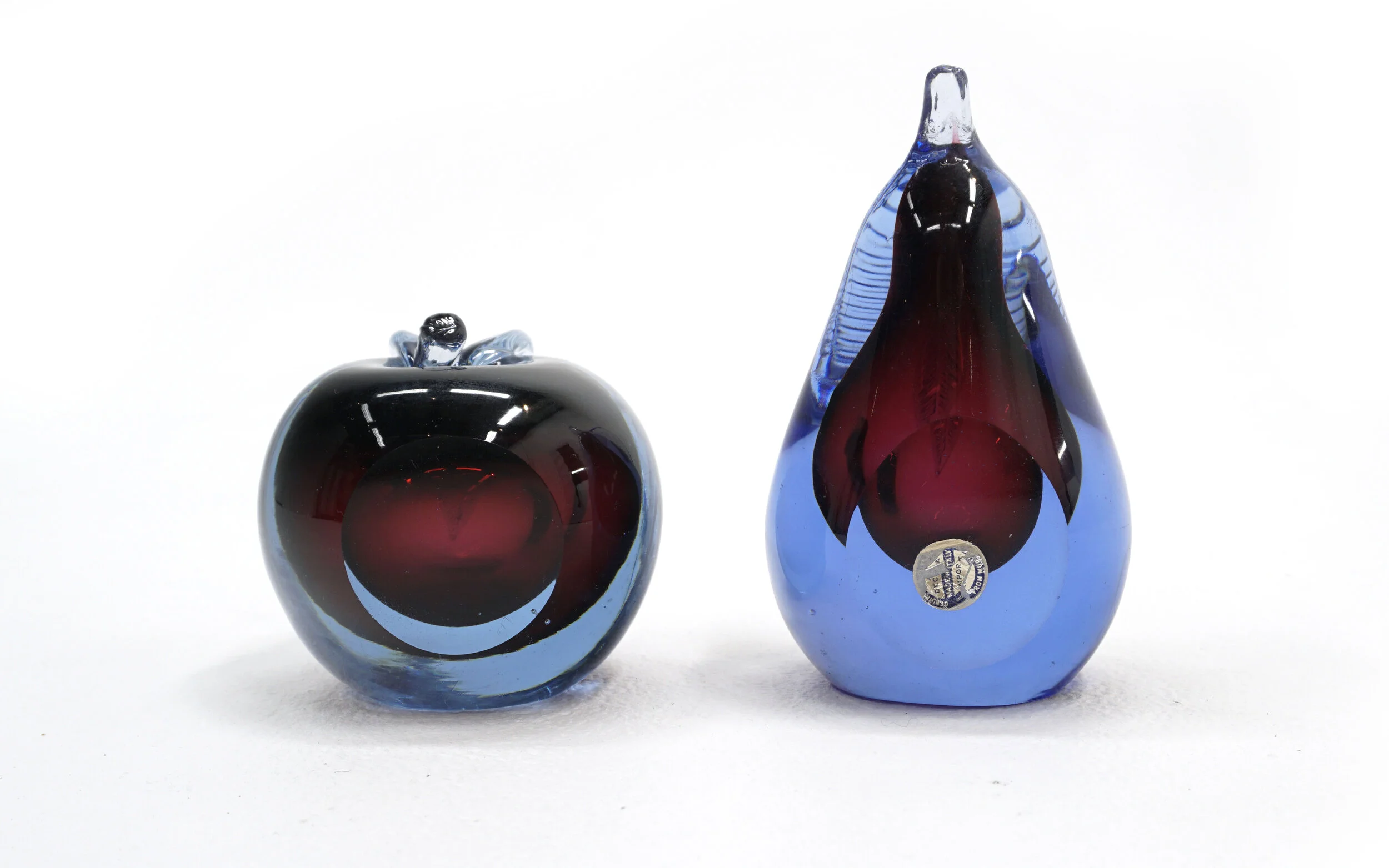 Murano Art Glass Apple and Pear, Hand Blown, Blue, Purple